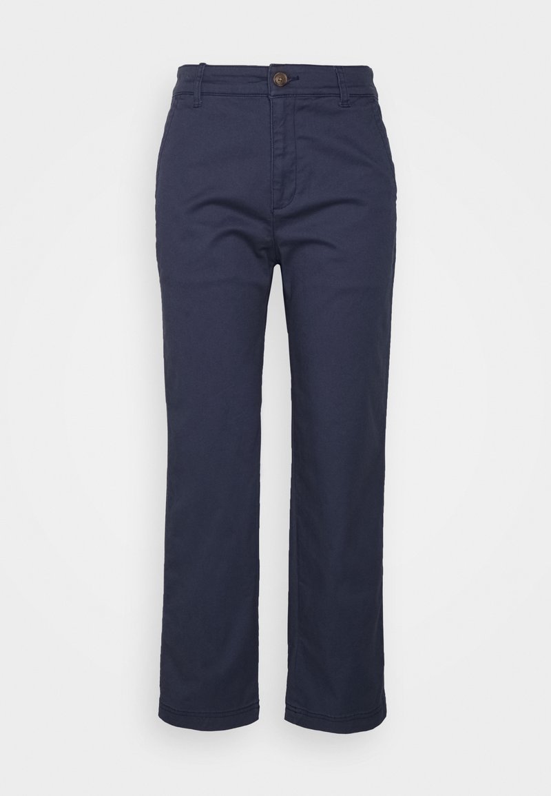 Pantalon bleu marine à jambes droites avec fermeture par bouton et zip, passants de ceinture et poches latérales, présenté sur un fond blanc.