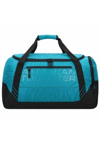 Duffle bag with a turquoise fabric body, black base, dual zipper closure, and an embossed logo. Includes black handles and textured accents.