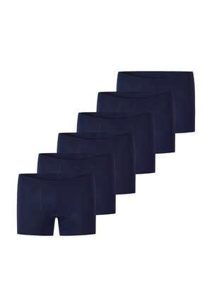 Marineblaue Boxershorts mit einem bequemen Taillenbund und einem Frontbeutel, präsentiert in einer Packung mit sechs, aus glattem, dehnbarem Material.
