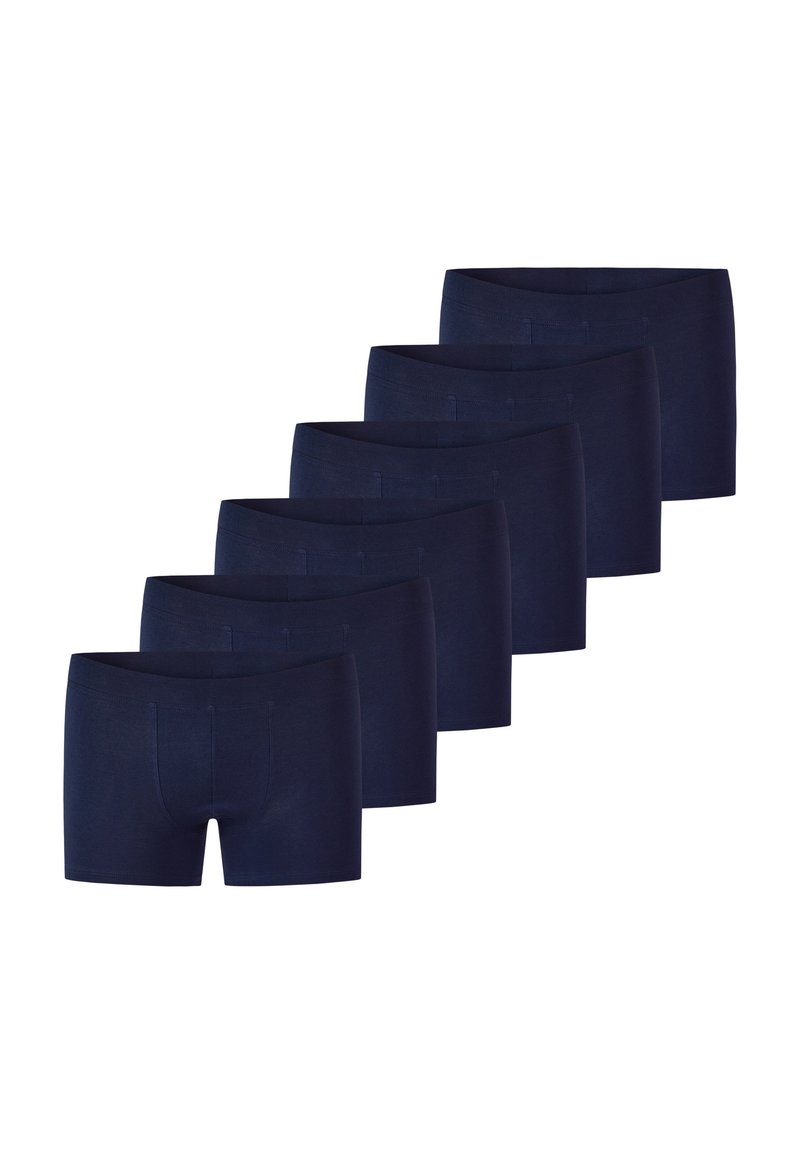 Tummansininen bokserifarkut, joissa on mukautuva vyötärönauha ja etutasku, esitetty kuuden pakkauksessa pehmeästä ja joustavasta kankaasta.
