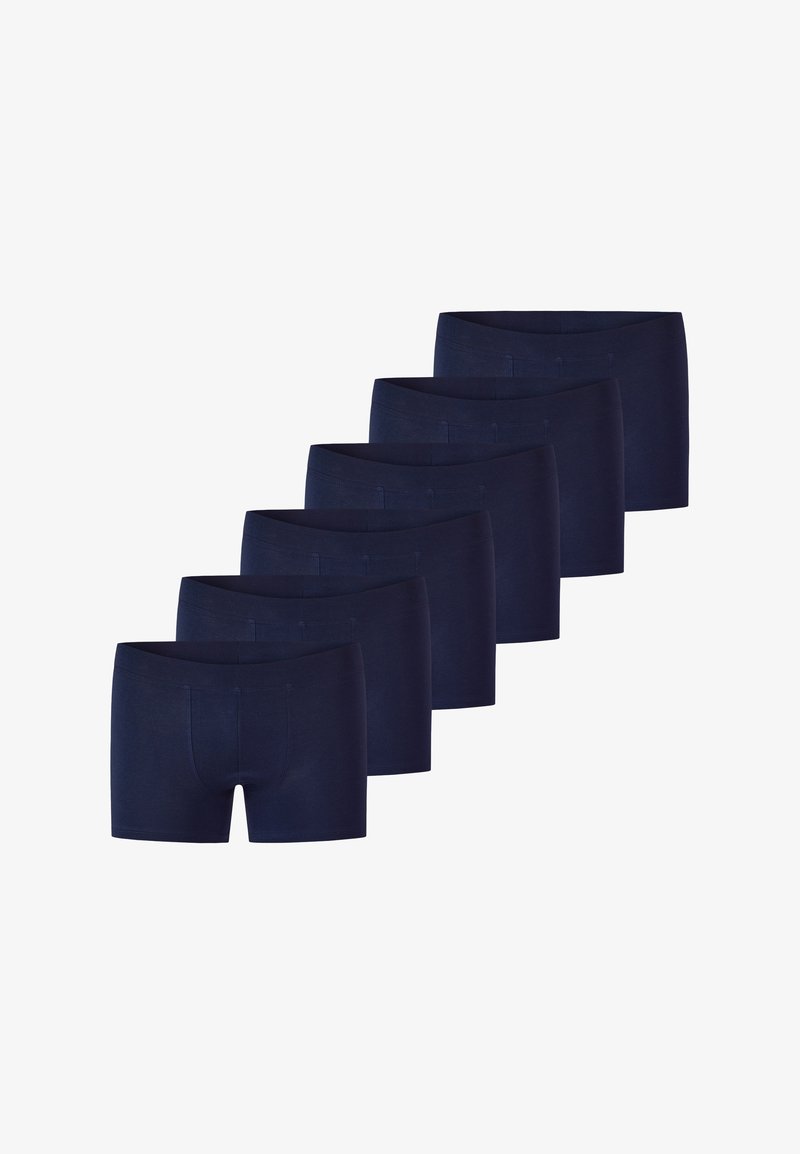 Boxer shorts blu navy, con una cintura comoda e tasca frontale, presentati in un pacco da sei con un tessuto liscio e elastico.