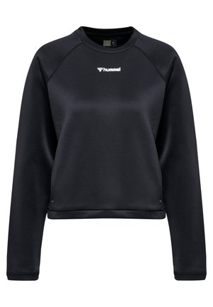Zwarte lange mouw crewneck trui met wit Hummel-logo in het midden van de borst, met een losse pasvorm en een gladde stoftextuur.