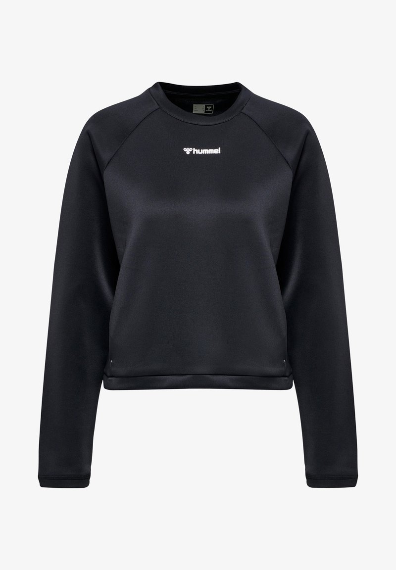 Sweat-shirt noir à manches longues avec col rond, portant le logo blanc de Hummel centré sur la poitrine, doté d'une coupe décontractée et d'une texture de tissu lisse.