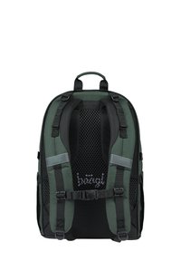 Dark green fabric backpack with black mesh back, adjustable straps, and buckle closure. Features silver accents and a logo at the front.