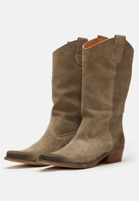 Stivali da cowboy in suede marrone con punta appuntita, dettagli di cucitura discreti e un tacco di legno basso. Presentano delle linguette per indossarli facilmente.
