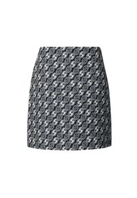 Kurzer gemusterter Rock mit navyfarbenem Grund und cremefarbenem Grafikdruck, strukturiertem Design und glatter Textur.