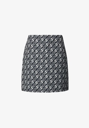 Korte patroonrok met een marineblauwe basis en een crèmekleurige grafische print, gestructureerd ontwerp en een gladde textuur.