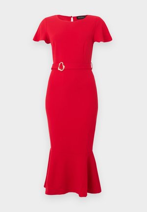 Červené priliehavé šaty po kolená s krátkymi volánovými rukávmi, rozšíreným lemom a zladeným opaskom so zlatou prackou s nepravidelným tvarom.