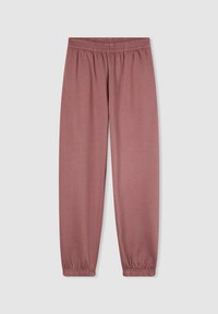 Jogging pants morbidi e elastici di colore mauve chiaro, con vita elastica e caviglie a costine. Tessuto liscio senza motivi o accenti visibili.
