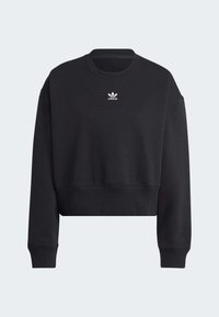 Black cropped sweatshirt made of soft fabric, featuring a classic crew neck and ribbed cuffs. Small white adidas logo on the chest.