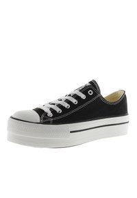 Zapatillas de lona negras con puntera y suela de goma blanca, con cordones blancos, costuras negras y una suela de plataforma elevada y texturizada.