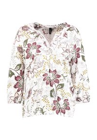 Blumenbluse mit einem weißen Hintergrund und lila, grünen sowie gelben Mustern. Entworfen mit einem V-Ausschnitt und drei Viertelärmeln.