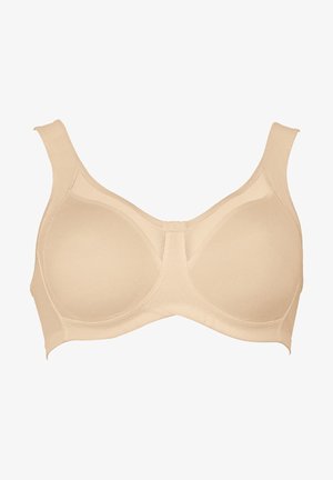 Beżowy biustonosz z fiszbinami wykonany z gładkiego materiału, z szerokimi ramiączkami, formowanymi miseczkami oraz środkowym szwem dla dodatkowego wsparcia.