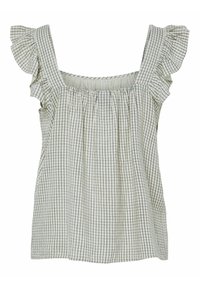 Blouse blanche sans manches avec motif à carreaux noirs, encolure carrée et manches courtes à volants, présentée sur un fond blanc uni.