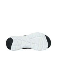 Sola di scarpa sportiva nera con una suola in gomma bianca e testurizzata, caratterizzata da un motivo di battistrada multidirezionale per una migliore aderenza.