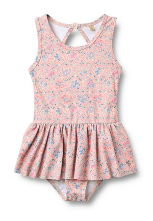 Løs ærmeløs lyserød badedragt til småbørn med nederdel, dekoreret med blå og lyserøde blomsterhjerte-mønstre og lukning med spænde bagpå.