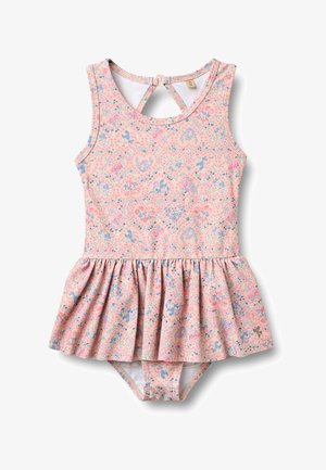 Różowy bezrękawnikowy strój kąpielowy dla małego dziecka z spódniczką, ozdobiony niebiesko-różowymi kwiatowymi wzorami w kształcie serca oraz zapięciem z tyłu.