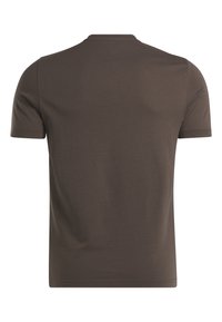 Camiseta de manga corta marrón hecha de algodón suave. Presenta un cuello redondo y una textura lisa con un diseño simple y minimalista.