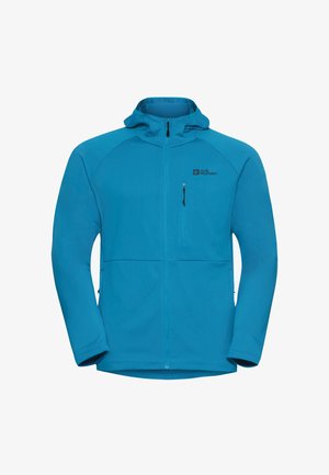 Blaue Fleecejacke mit Kapuze, ausgestattet mit einer Reißverschluss-Brusttasche und Seitentaschen. Glatte Textur und modernes Design mit kontrastierendem schwarzem Logo.