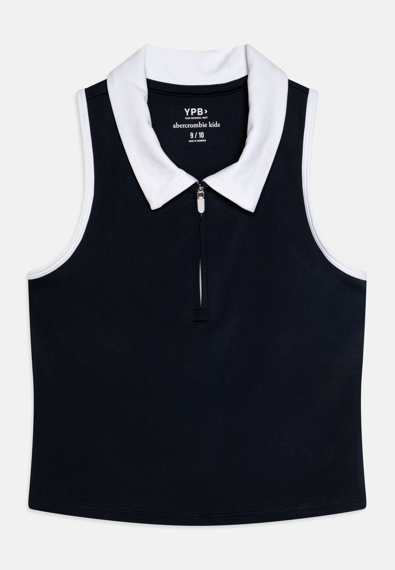 Granatowa koszulka polo bez rękawów z białym kołnierzykiem i przednim zamkiem. Charakteryzuje się gładką teksturą materiału i kontrastowymi białymi akcentami. Rozmiar 9/10.