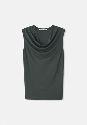 Top sin mangas de tela verde oscuro con escote drapeado, textura suave y silueta ajustada. Marca: Tiger of Sweden.
