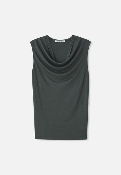 Sleeveless top in dark green fabric with a draped cowl neckline, smooth texture, and a fitted silhouette. Label: Tiger of Sweden.