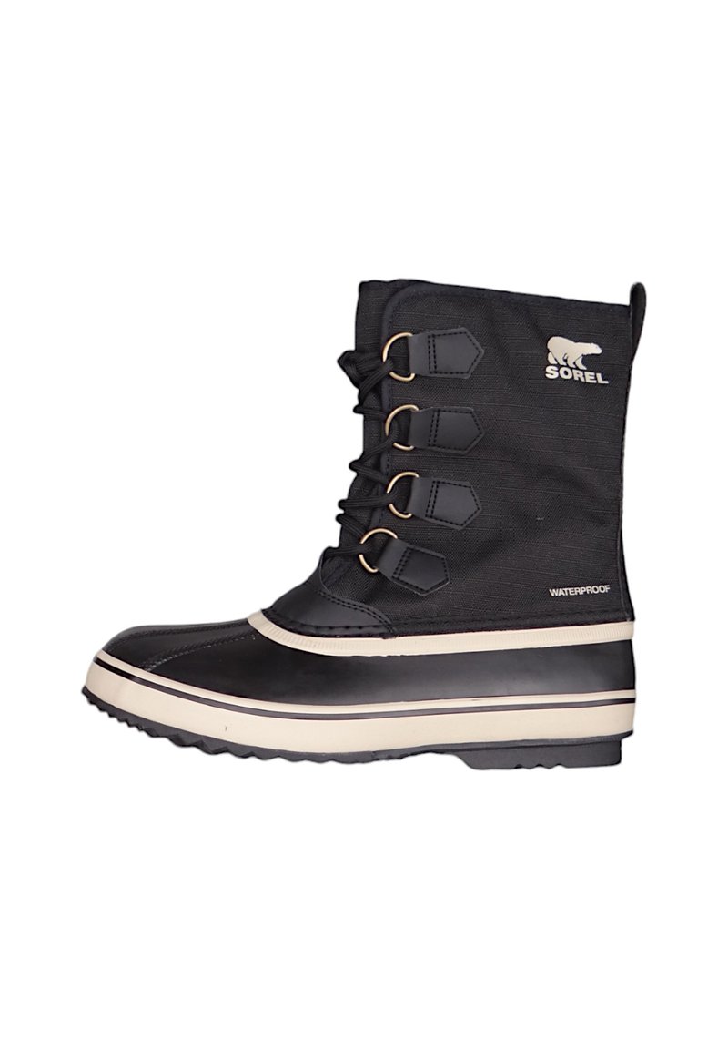 Schwarzer wasserdichter Stiefel mit einem Stoffschaft, Gummisohle, fünf Metallösen und einem kontrastierenden weißen Mittelsohlenstreifen. Markenlogo vorhanden.