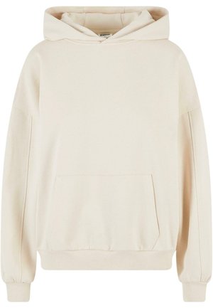 Hoodie beige clair en mélange de coton doux, avec une poche frontale, des poignets côtelés et une capuche spacieuse pour plus de confort.