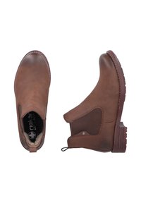 Brązowe skórzane botki sięgające kostki z elastycznymi panelami bocznymi, teksturowanymi akcentami i lekko podniesioną gumową podeszwą. Posiadają pętelkę do łatwego zakładania.