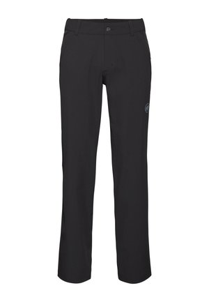 Black, straight-leg pants made from a soft, stretchy material. Features a front button closure and discreet brand logo on the thigh.