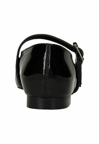 Zwarte lakleren schoen met een ronde neus en een dunne enkelband. Glad oppervlak met een lage hak en een minimalistisch ontwerp.