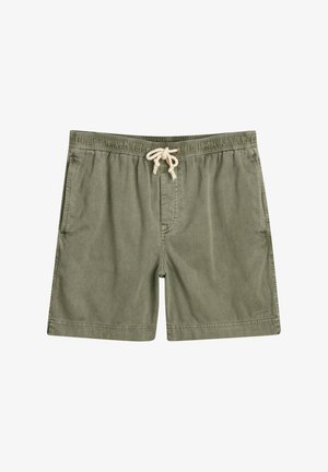 Olivgrüne Shorts aus weichem Gewebe mit einem elastischen Bund und Kordelzug, zwei Seitentaschen und einem lockeren Schnitt.