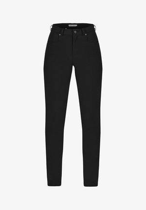 Jeans neri aderenti in denim, con un classico design a cinque tasche, passanti per cintura e chiusura con bottone in metallo in vita.