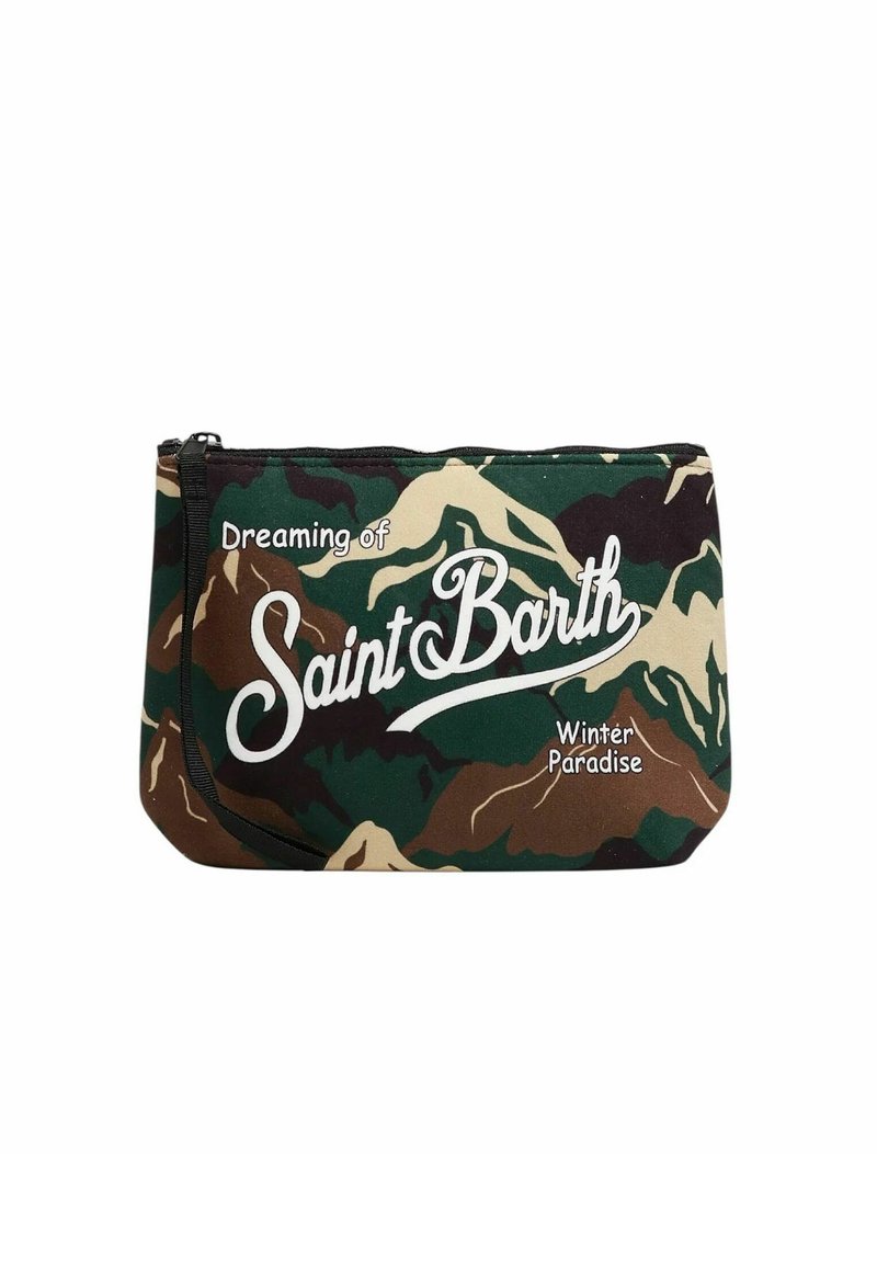 Busta con motivo mimetico, con la scritta "Sognando il Paradiso Invernale di Saint Barth" stampata in bianco sul fronte.