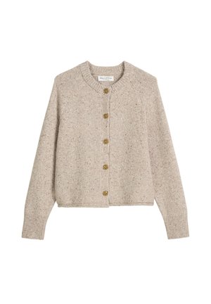 Beige wolmix cardigan met lange mouwen, ronde halslijn en vijf bruine knopen aan de voorkant.
