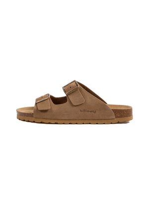 Sandales en daim marron avec deux sangles réglables, une semelle intérieure rembourrée et une semelle en caoutchouc texturé avec un motif ondulé. Logo de la marque visible.