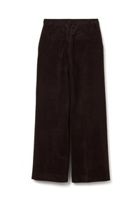 Bruine corduroy wijde broek met een hoge tailleband en twee achterzakken. De textuur is zacht en heeft verticale ribbelpatronen.