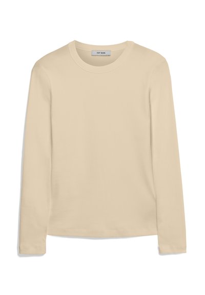 Langarmshirt in hellbeige aus geripptem Material. Es hat einen runden Halsausschnitt und einen geraden Schnitt ohne sichtbare Muster oder Akzente.