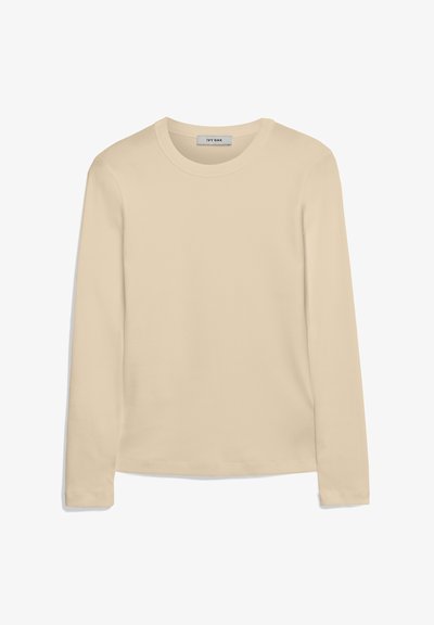 Langarmshirt in hellbeige aus geripptem Material. Es hat einen runden Halsausschnitt und einen geraden Schnitt ohne sichtbare Muster oder Akzente.