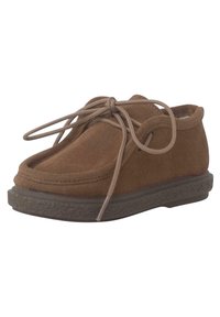 Scarpa in suede marrone con punta tonda, design con lacci beige e suola in gomma testurizzata per una presa migliore.