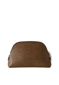Brown textured cosmetic bag with a rounded shape, featuring a gold zipper and small hardware accent. Compact design suitable for travel.