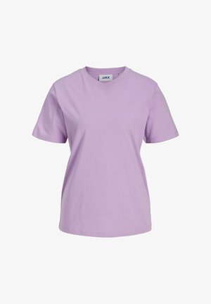 Lila katoenen T-shirt met korte mouwen, ronde hals en een comfortabele pasvorm. Gladde textuur en minimale stikseldetails. Merktag in de nek.