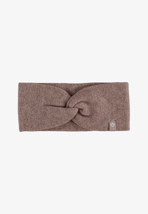 Knit headband in brown with a twisted front design, soft texture, and a small logo tag on the side. Suitable for cold weather wear.