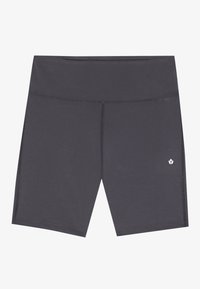 Shorts de sport gris avec une large ceinture, une texture lisse et des coutures minimales. Présentent un petit logo blanc sur le côté inférieur.