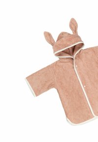 Pink terry cloth bathrobe with a hood, featuring rabbit ears, white trim, and button closures on the front. Soft texture. Short sleeves.