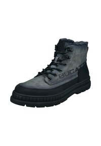 Grau und schwarze Bugatti-Winterstiefel mit Schnürung vorne, gepolstertem Schaft und dicker Gummisohle.