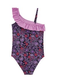 Enosni kopalki z enim ramenom z lilavo volano, vijoličastim paislejem in cvetličnim vzorcem ter akcentnimi barvami rdeče in bele na teksturirani tkanini.