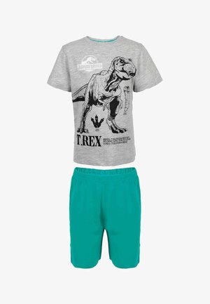 Gray T-shirt with black T. rex graphic and text, paired with plain teal elastic waist shorts.