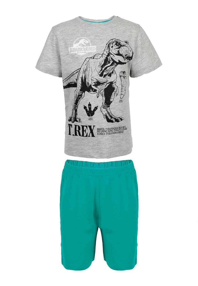 Gray T-shirt with black T. rex graphic and text, paired with plain teal elastic waist shorts.