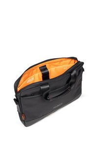 Borsa per laptop nera con interno arancione, dotata di doppi manici, chiusura a cerniera e scomparti interni per l'organizzazione.